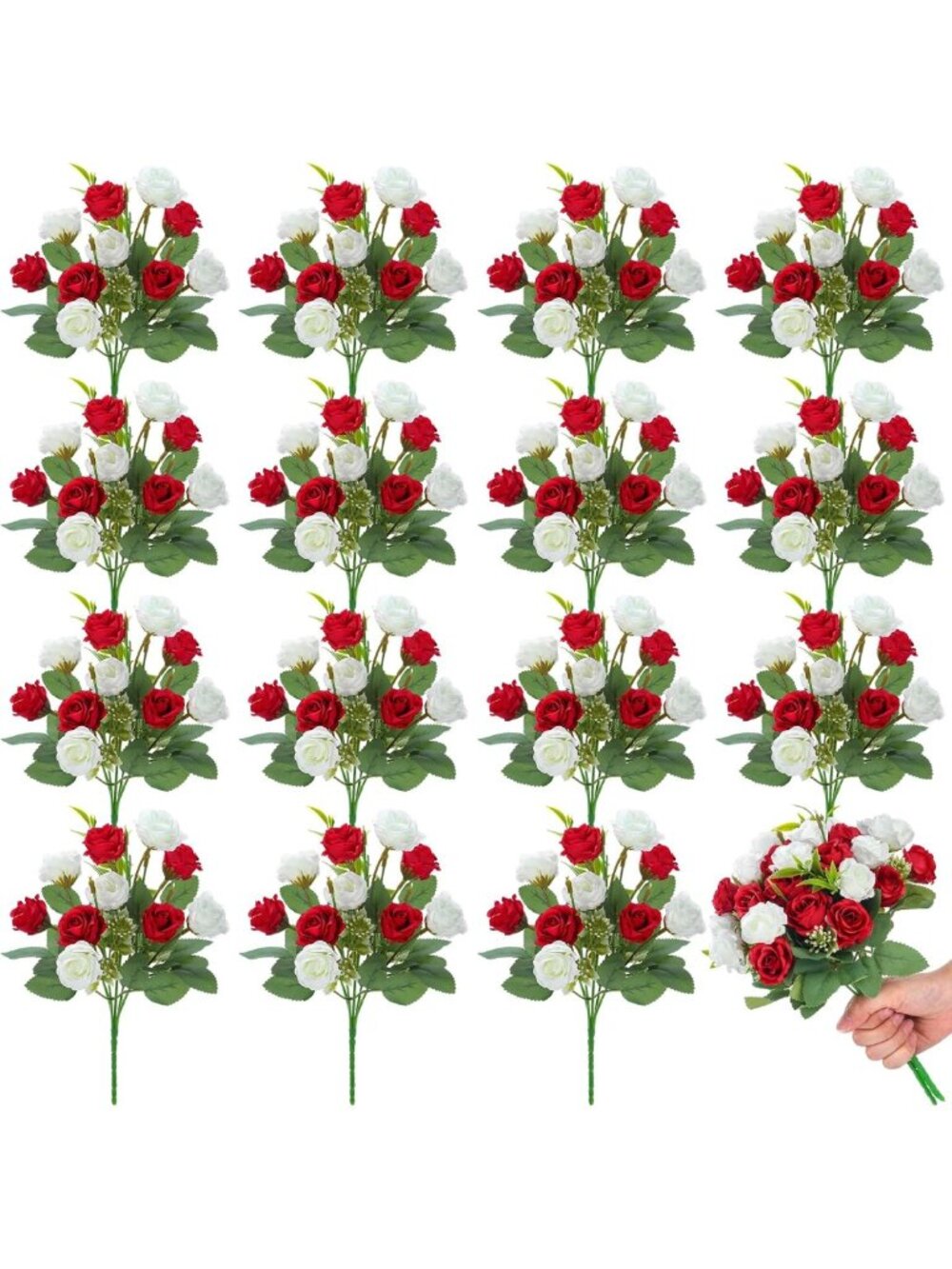 16 Bunches Mini Rose Bouquet - 12" Silk Flowers for Wedding, Home & Garden Decor